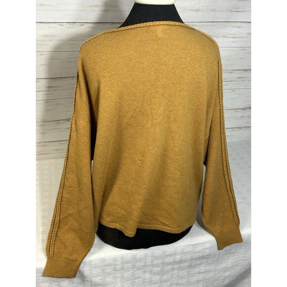 GARNET HILL Size MEDIUM Womens Mustard Yellow BRAIDED Trim 100% Cashmere Sweater - Picture 9 of 16